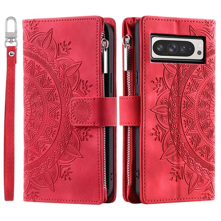 Style 006 For Google Pixel 9 Pro XL Wallet Case PU Leather Phone Cover Mandala Flower Pattern - Red