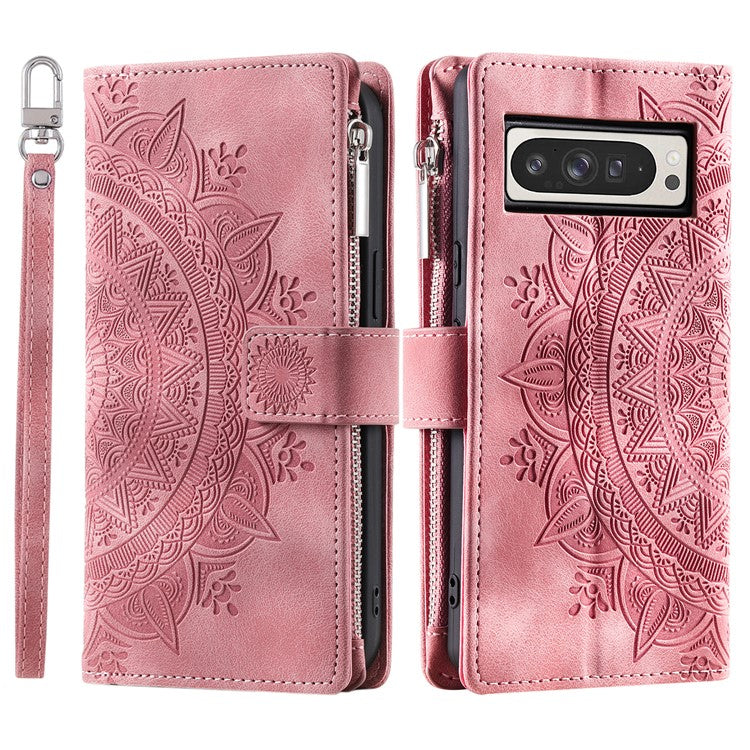 Style 006 For Google Pixel 9 Pro XL Wallet Case PU Leather Phone Cover Mandala Flower Pattern - Rose Gold