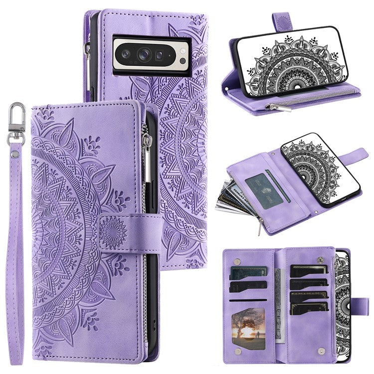 Style 006 For Google Pixel 9 Pro XL Wallet Case PU Leather Phone Cover Mandala Flower Pattern - Purple