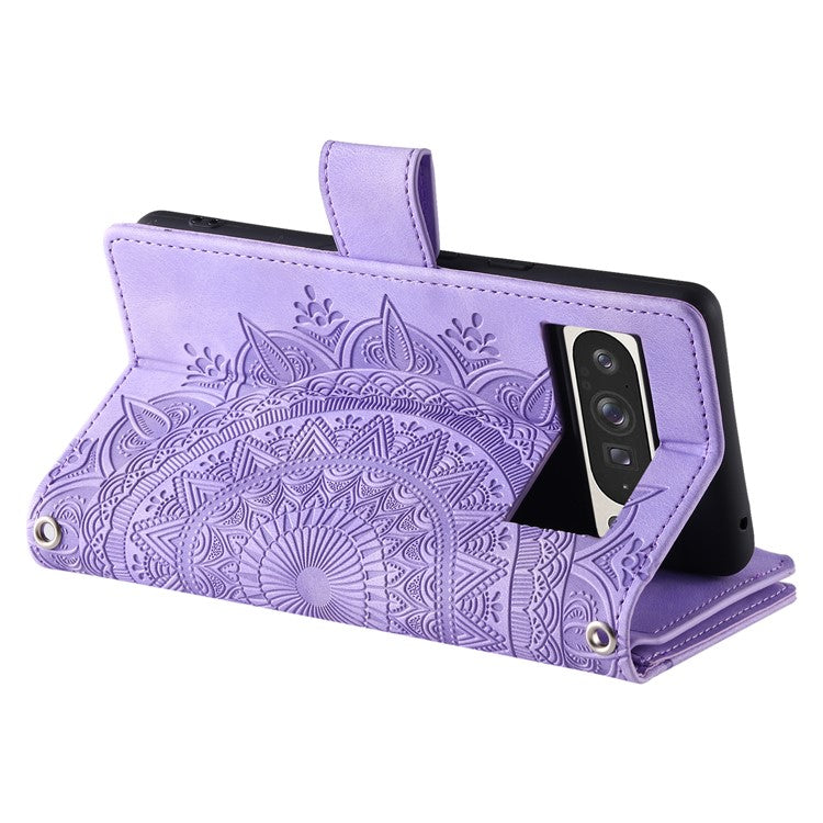 Style 006 For Google Pixel 9 Pro XL Wallet Case PU Leather Phone Cover Mandala Flower Pattern - Purple