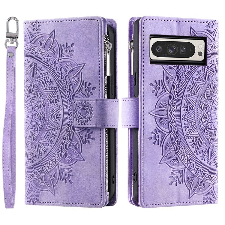 Style 006 For Google Pixel 9 Pro XL Wallet Case PU Leather Phone Cover Mandala Flower Pattern - Purple