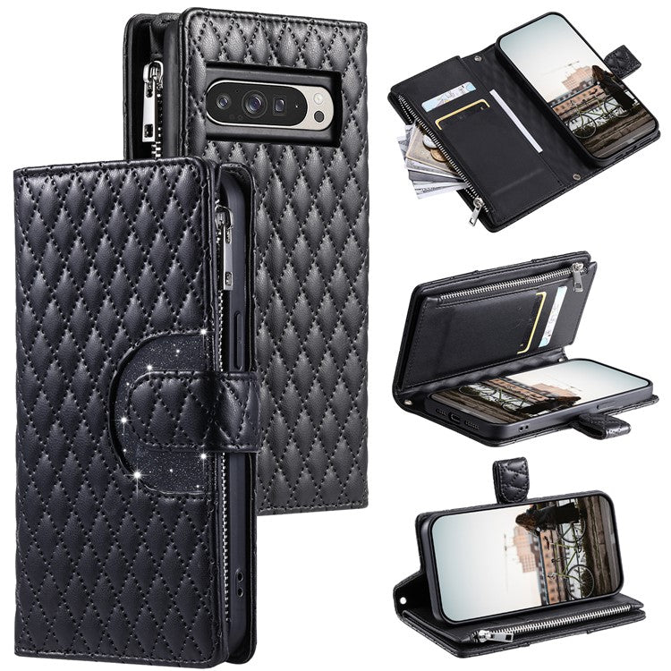 Style 012 for Google Pixel 9 Pro XL Case Zipper Wallet PU Leather Rhombus Grid Phone Cover - Black