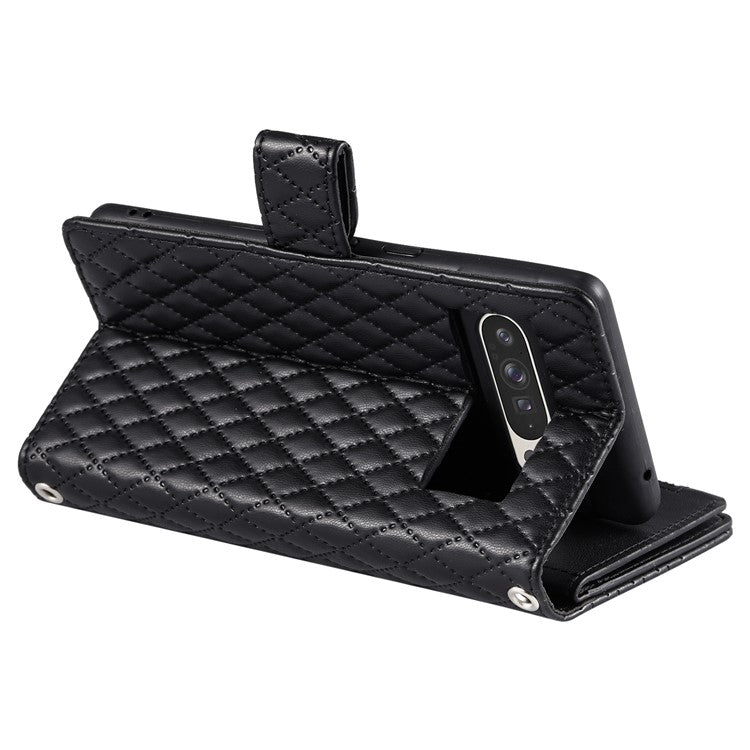 Style 012 for Google Pixel 9 Pro XL Case Zipper Wallet PU Leather Rhombus Grid Phone Cover - Black