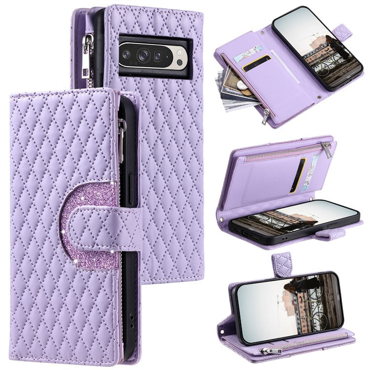 Style 012 for Google Pixel 9 Pro XL Case Zipper Wallet PU Leather Rhombus Grid Phone Cover - Purple