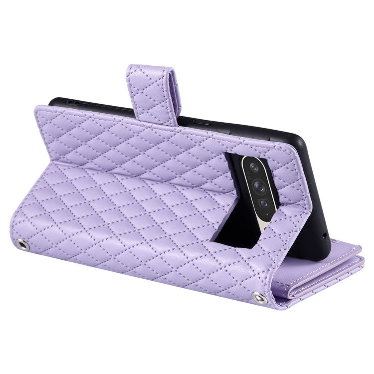 Style 012 for Google Pixel 9 Pro XL Case Zipper Wallet PU Leather Rhombus Grid Phone Cover - Purple