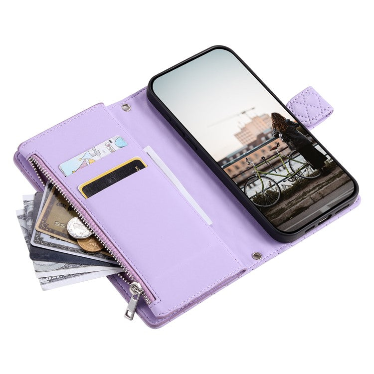 Style 012 for Google Pixel 9 Pro XL Case Zipper Wallet PU Leather Rhombus Grid Phone Cover - Purple