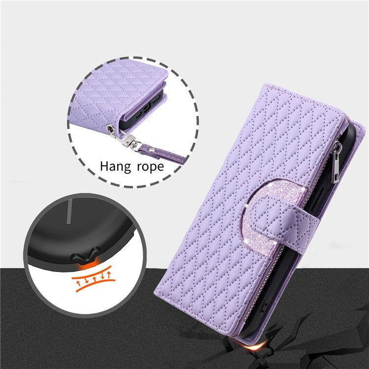 Style 012 for Google Pixel 9 Pro XL Case Zipper Wallet PU Leather Rhombus Grid Phone Cover - Purple