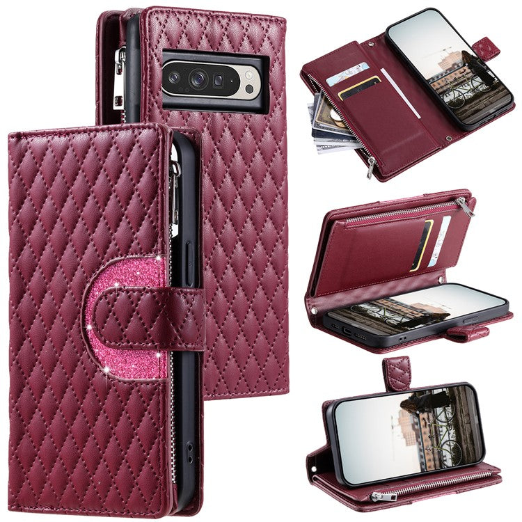 Style 012 for Google Pixel 9 Pro XL Case Zipper Wallet PU Leather Rhombus Grid Phone Cover - Wine Red