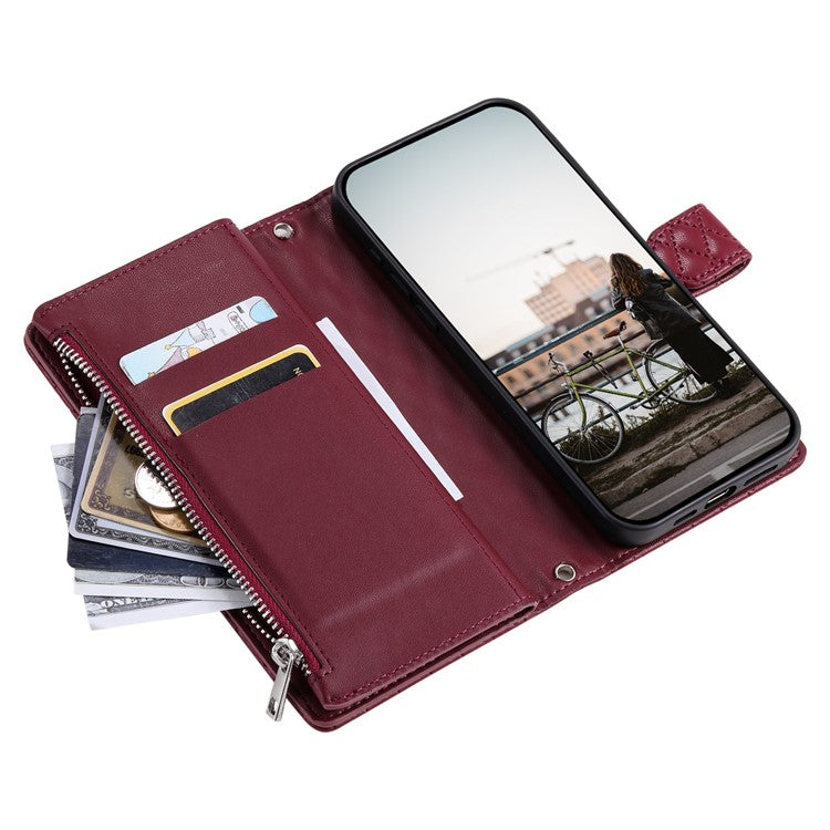 Style 012 for Google Pixel 9 Pro XL Case Zipper Wallet PU Leather Rhombus Grid Phone Cover - Wine Red