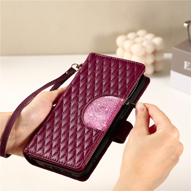 Style 012 for Google Pixel 9 Pro XL Case Zipper Wallet PU Leather Rhombus Grid Phone Cover - Wine Red