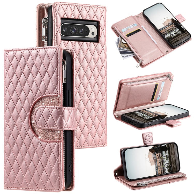 Style 012 for Google Pixel 9 Pro XL Case Zipper Wallet PU Leather Rhombus Grid Phone Cover - Rose Gold