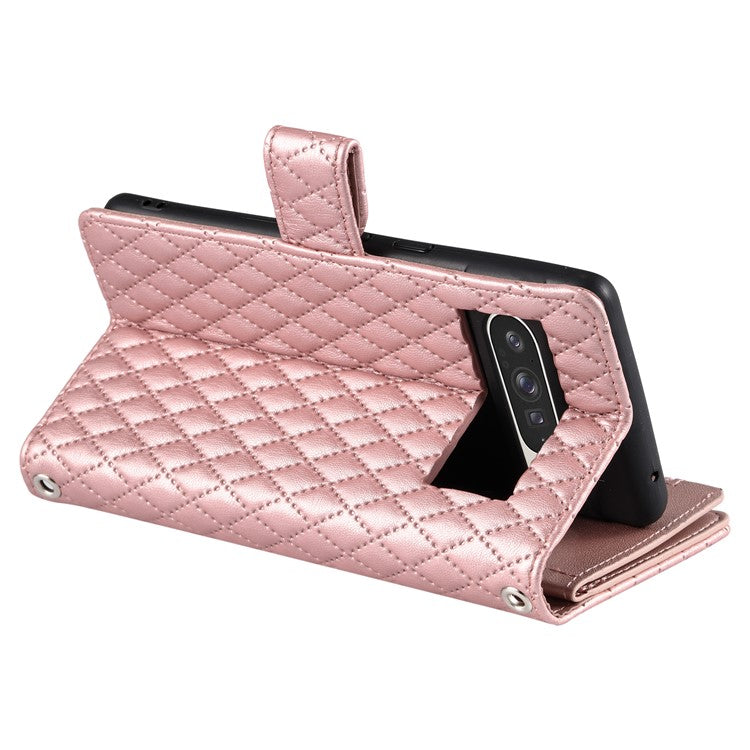 Style 012 for Google Pixel 9 Pro XL Case Zipper Wallet PU Leather Rhombus Grid Phone Cover - Rose Gold