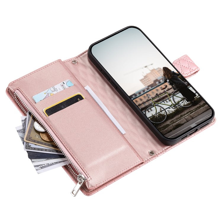 Style 012 for Google Pixel 9 Pro XL Case Zipper Wallet PU Leather Rhombus Grid Phone Cover - Rose Gold