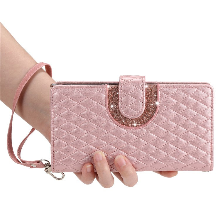 Style 012 for Google Pixel 9 Pro XL Case Zipper Wallet PU Leather Rhombus Grid Phone Cover - Rose Gold