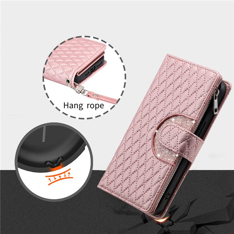 Style 012 for Google Pixel 9 Pro XL Case Zipper Wallet PU Leather Rhombus Grid Phone Cover - Rose Gold