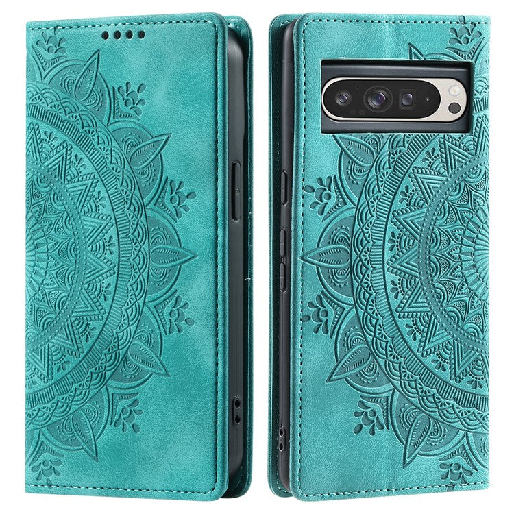 Style 010 For Google Pixel 9 Pro XL Case Mandala Pattern Magnetic Closing Leather Phone Cover - Green