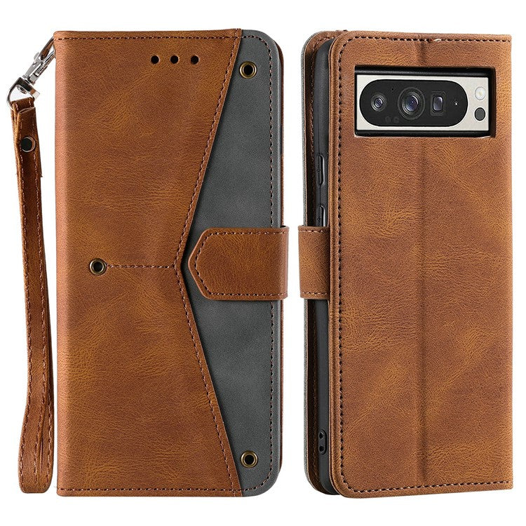 For Google Pixel 9 Pro XL Leather Case Splicing Stitching Wallet Stand Phone Cover with Strap - Brown