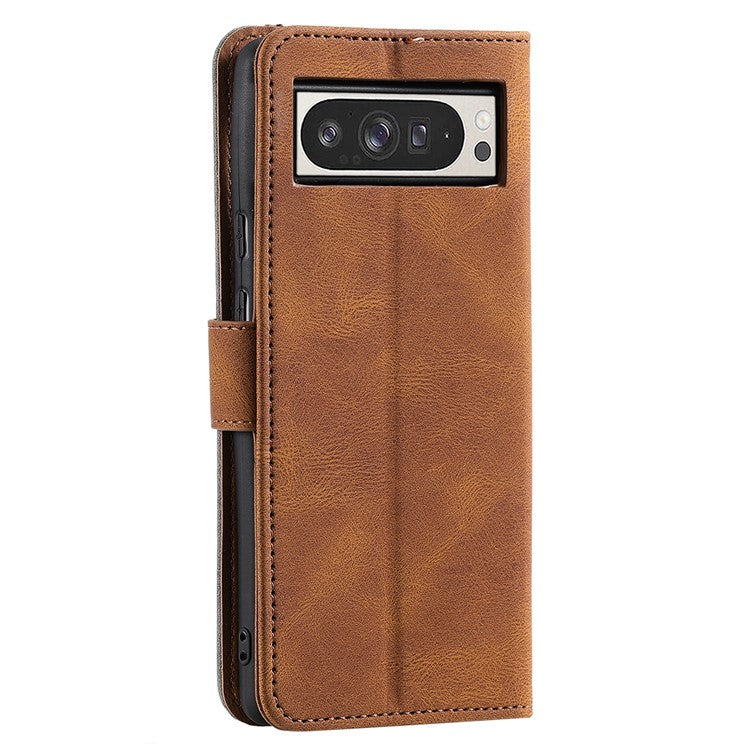 For Google Pixel 9 Pro XL Leather Case Splicing Stitching Wallet Stand Phone Cover with Strap - Brown