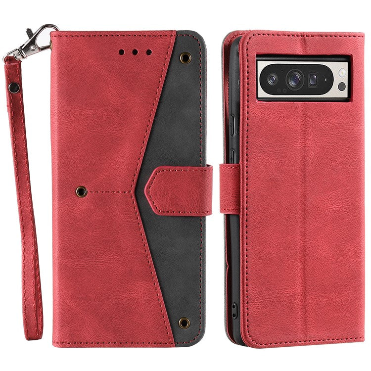 For Google Pixel 9 Pro XL Leather Case Splicing Stitching Wallet Stand Phone Cover with Strap - Red