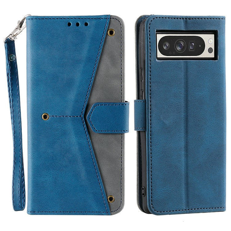 For Google Pixel 9 Pro XL Leather Case Splicing Stitching Wallet Stand Phone Cover with Strap - Blue