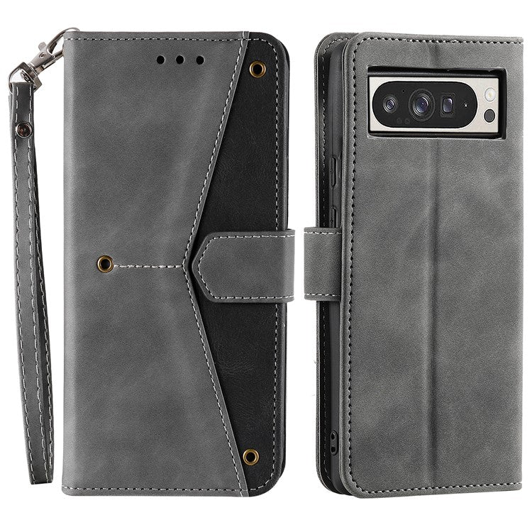 For Google Pixel 9 Pro XL Leather Case Splicing Stitching Wallet Stand Phone Cover with Strap - Grey