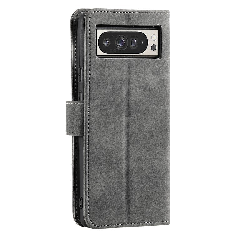 For Google Pixel 9 Pro XL Leather Case Splicing Stitching Wallet Stand Phone Cover with Strap - Grey