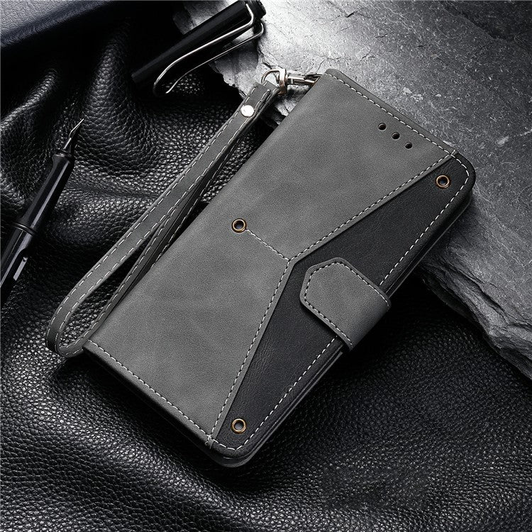 For Google Pixel 9 Pro XL Leather Case Splicing Stitching Wallet Stand Phone Cover with Strap - Grey