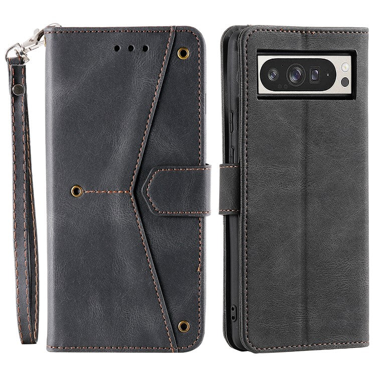 For Google Pixel 9 Pro XL Leather Case Splicing Stitching Wallet Stand Phone Cover with Strap - Black