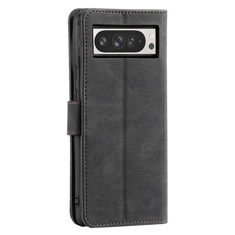 For Google Pixel 9 Pro XL Leather Case Splicing Stitching Wallet Stand Phone Cover with Strap - Black