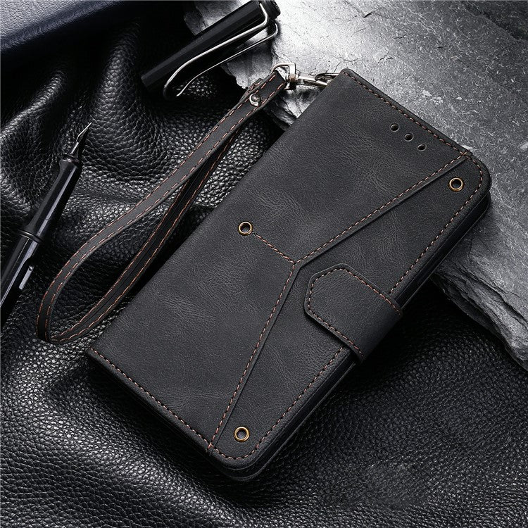 For Google Pixel 9 Pro XL Leather Case Splicing Stitching Wallet Stand Phone Cover with Strap - Black