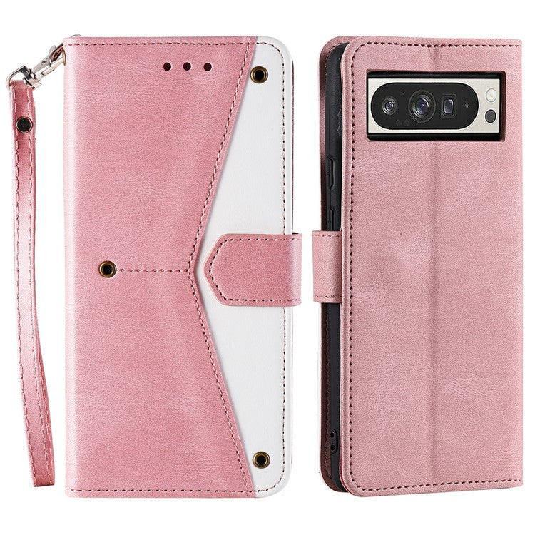 For Google Pixel 9 Pro XL Leather Case Splicing Stitching Wallet Stand Phone Cover with Strap - Pink