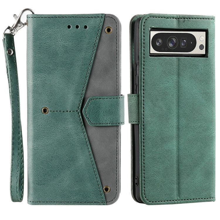 For Google Pixel 9 Pro XL Leather Case Splicing Stitching Wallet Stand Phone Cover with Strap - Green