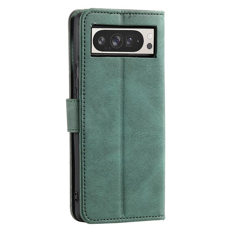 For Google Pixel 9 Pro XL Leather Case Splicing Stitching Wallet Stand Phone Cover with Strap - Green