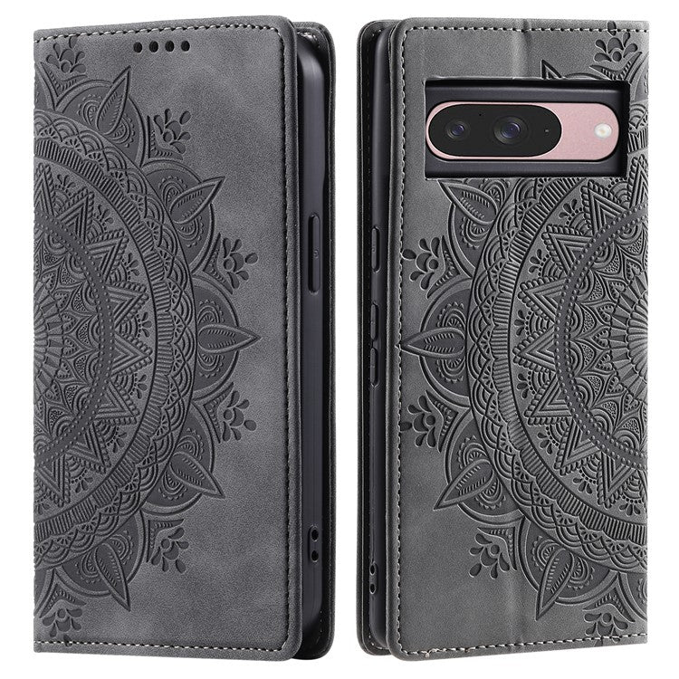 Style 010 For Google Pixel 9 / 9 Pro Case Mandala Pattern Magnetic Closing Leather Phone Cover - Black