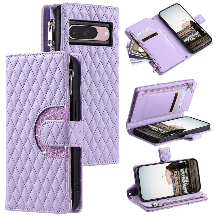 Style 012 for Google Pixel 9 / 9 Pro Case Zipper Wallet PU Leather Rhombus Grid Phone Cover - Purple