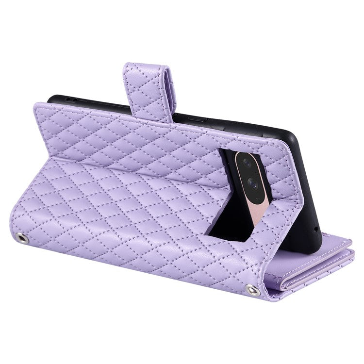 Style 012 for Google Pixel 9 / 9 Pro Case Zipper Wallet PU Leather Rhombus Grid Phone Cover - Purple