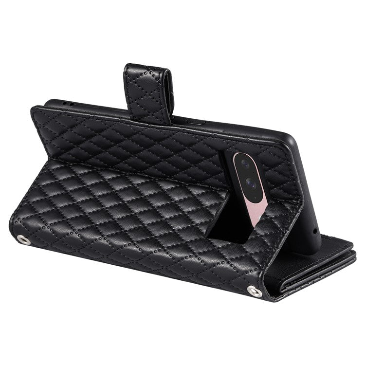 Style 012 for Google Pixel 9 / 9 Pro Case Zipper Wallet PU Leather Rhombus Grid Phone Cover - Black