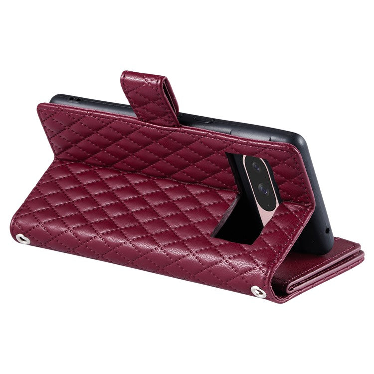 Style 012 for Google Pixel 9 / 9 Pro Case Zipper Wallet PU Leather Rhombus Grid Phone Cover - Wine Red