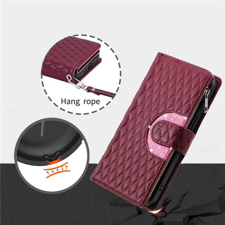 Style 012 for Google Pixel 9 / 9 Pro Case Zipper Wallet PU Leather Rhombus Grid Phone Cover - Wine Red