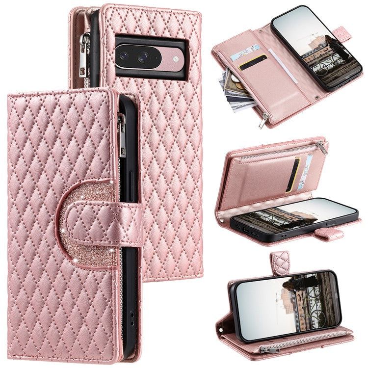 Style 012 for Google Pixel 9 / 9 Pro Case Zipper Wallet PU Leather Rhombus Grid Phone Cover - Rose Gold