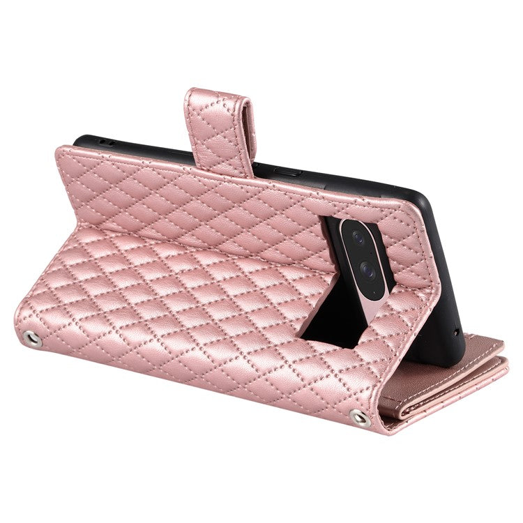 Style 012 for Google Pixel 9 / 9 Pro Case Zipper Wallet PU Leather Rhombus Grid Phone Cover - Rose Gold