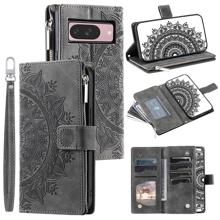 Style 006 For Google Pixel 9 / 9 Pro Wallet Case PU Leather Phone Cover Mandala Flower Pattern - Grey