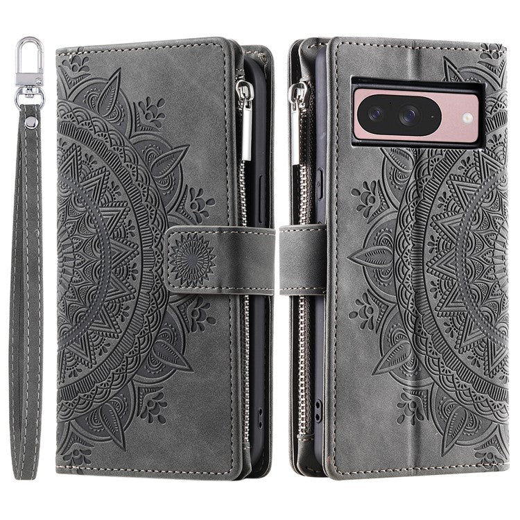 Style 006 For Google Pixel 9 / 9 Pro Wallet Case PU Leather Phone Cover Mandala Flower Pattern - Grey