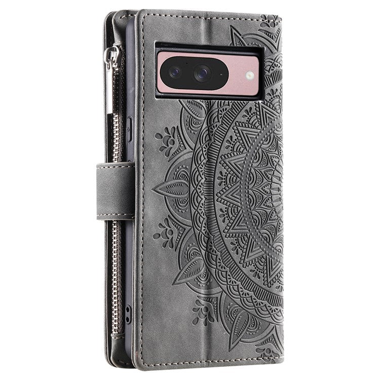 Style 006 For Google Pixel 9 / 9 Pro Wallet Case PU Leather Phone Cover Mandala Flower Pattern - Grey