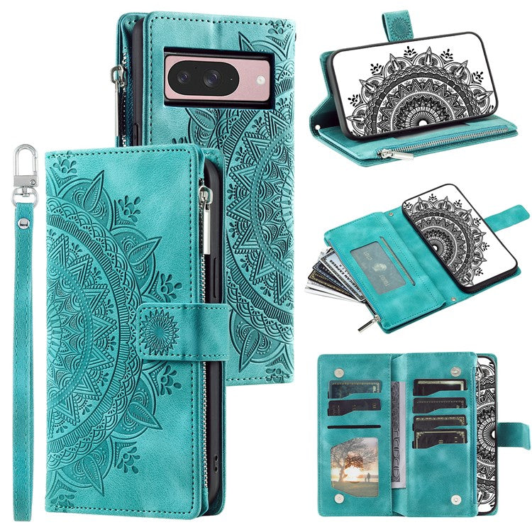 Style 006 For Google Pixel 9 / 9 Pro Wallet Case PU Leather Phone Cover Mandala Flower Pattern - Green