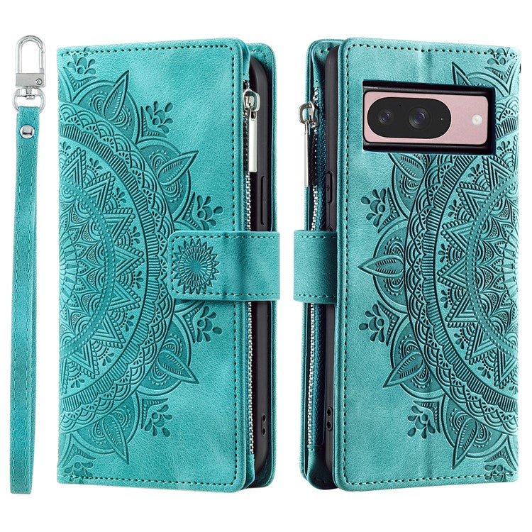 Style 006 For Google Pixel 9 / 9 Pro Wallet Case PU Leather Phone Cover Mandala Flower Pattern - Green