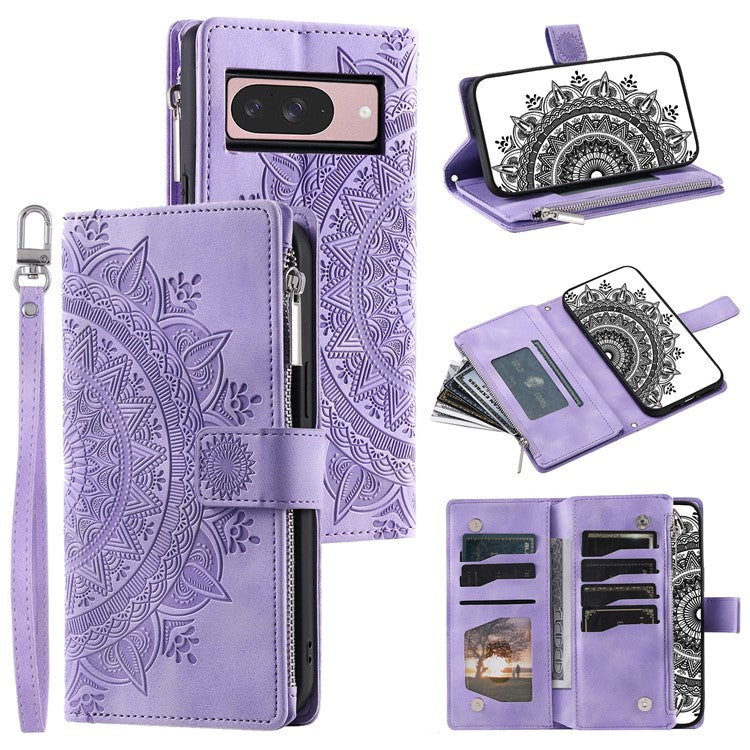 Style 006 For Google Pixel 9 / 9 Pro Wallet Case PU Leather Phone Cover Mandala Flower Pattern - Purple