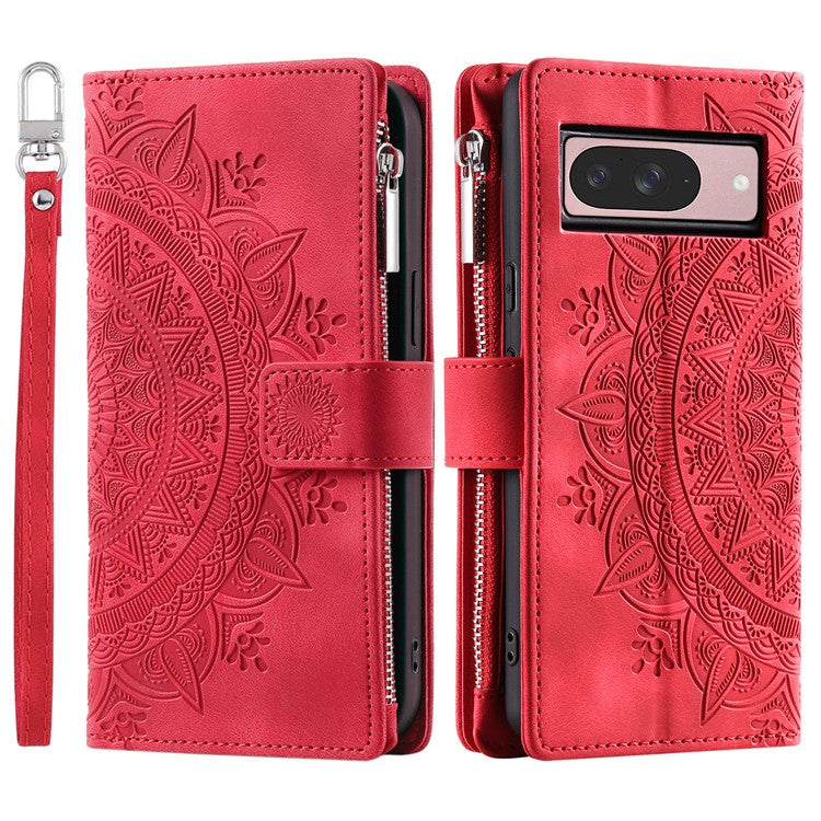 Style 006 For Google Pixel 9 / 9 Pro Wallet Case PU Leather Phone Cover Mandala Flower Pattern - Red