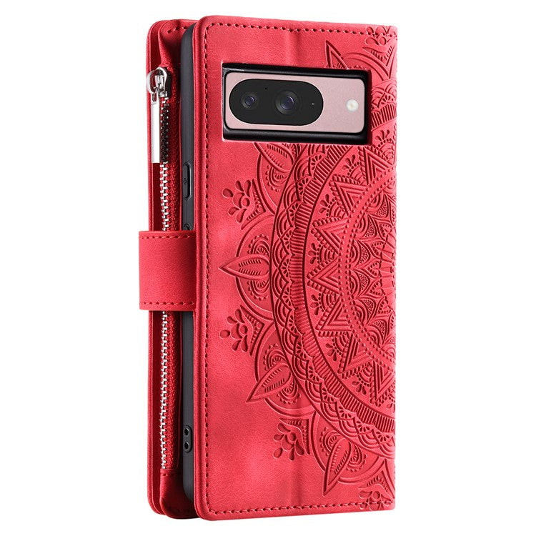 Style 006 For Google Pixel 9 / 9 Pro Wallet Case PU Leather Phone Cover Mandala Flower Pattern - Red