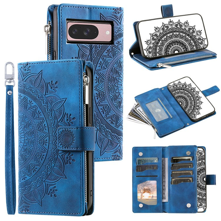 Style 006 For Google Pixel 9 / 9 Pro Wallet Case PU Leather Phone Cover Mandala Flower Pattern - Blue